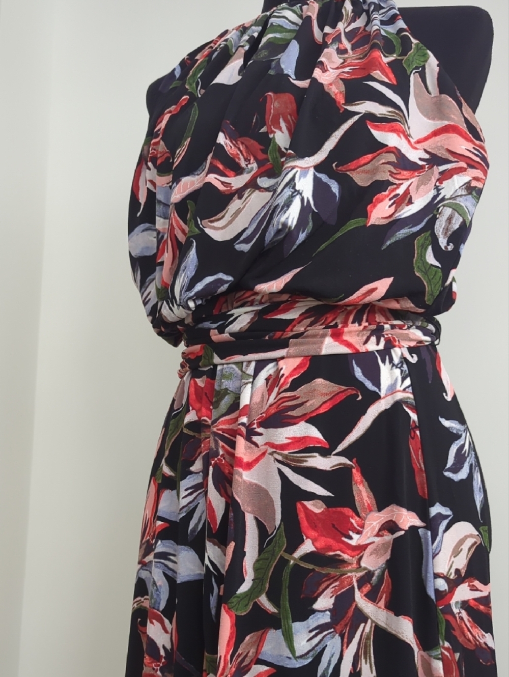 Tahari Black Halter Maxi Jumpsuit with Red & Pink Floral Print